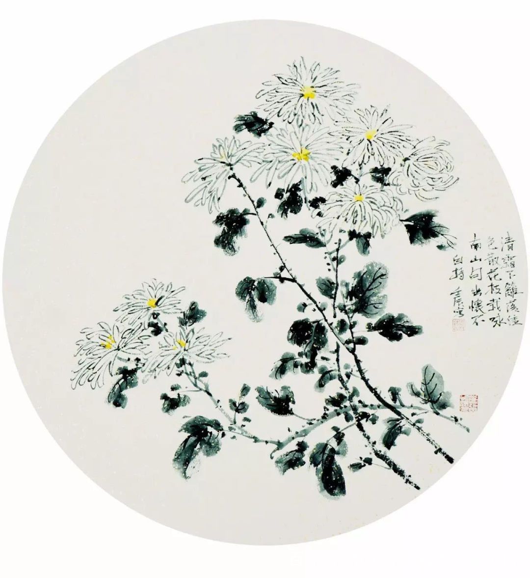 齐白石再传弟子,白石山堂主人-汤发周谈:菊花团扇画法步骤详解