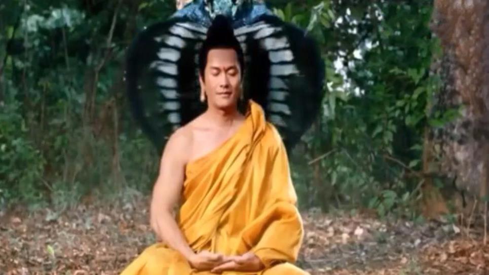 释迦牟尼在菩提树下修行,突然遇大雨,一只巨蟒过来挡雨