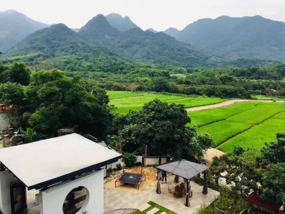 清新脱俗远看宛如白鹤临池,翩翩欲飞民宿掩映在青山绿水间右边是飞流