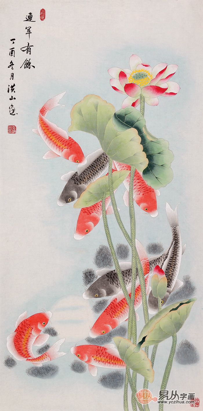 九鱼图,不言而喻,描绘的是九条可爱的鱼儿在清香
