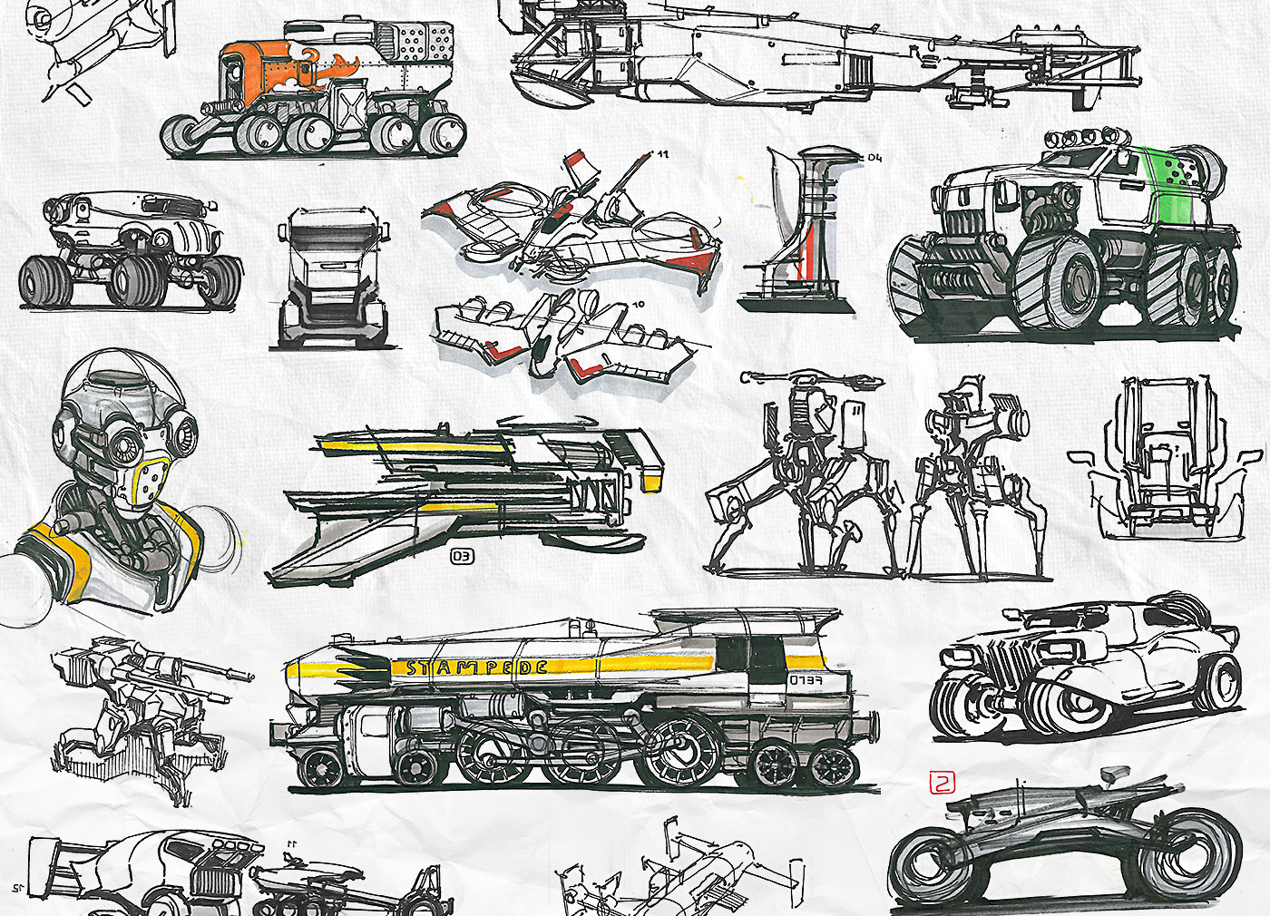 一大堆科幻机械类设计手稿