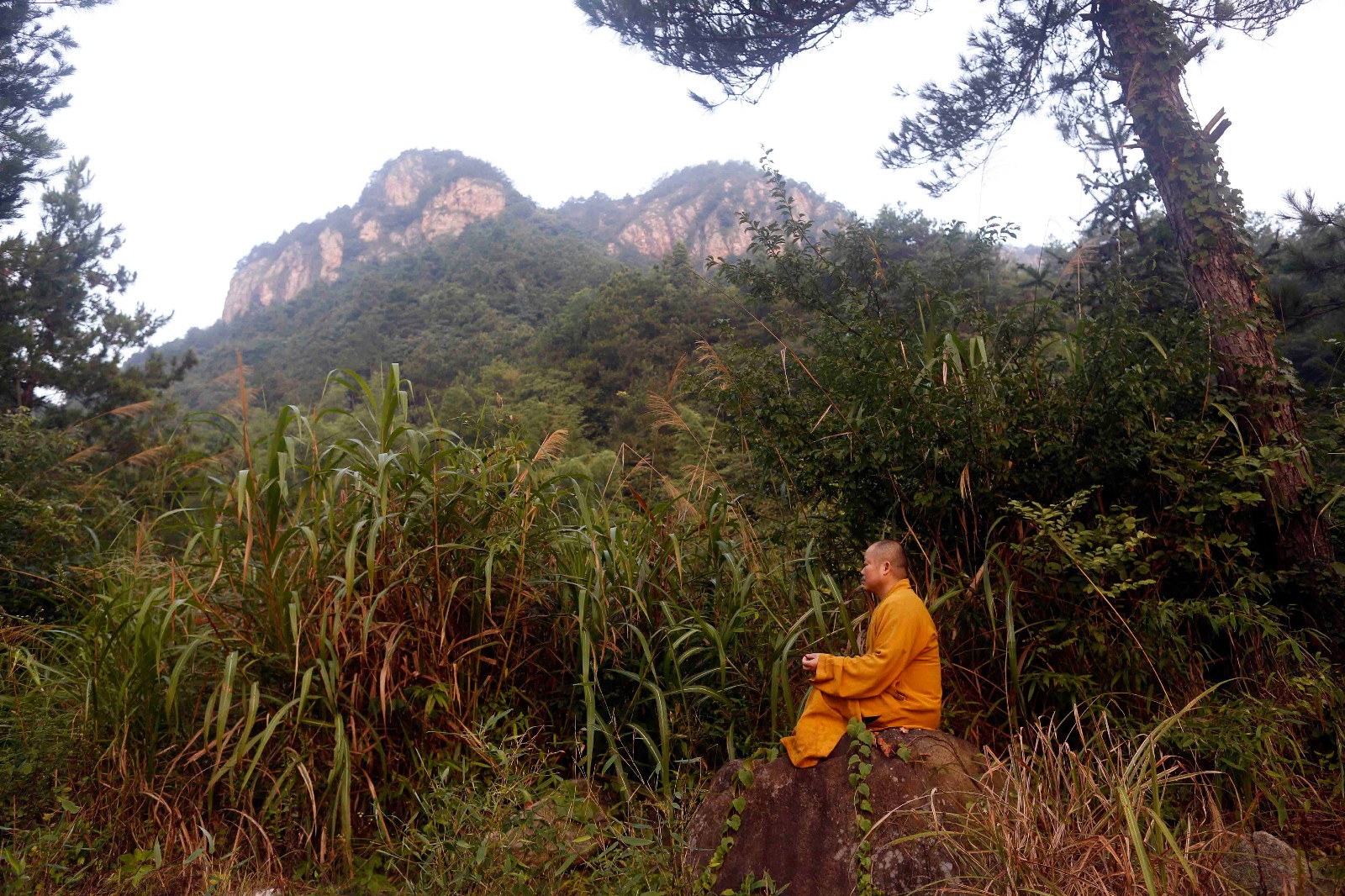 山安徽省岳西县天堂镇回龙村慧明寺的西北峰,一位僧人在盘腿打坐念佛