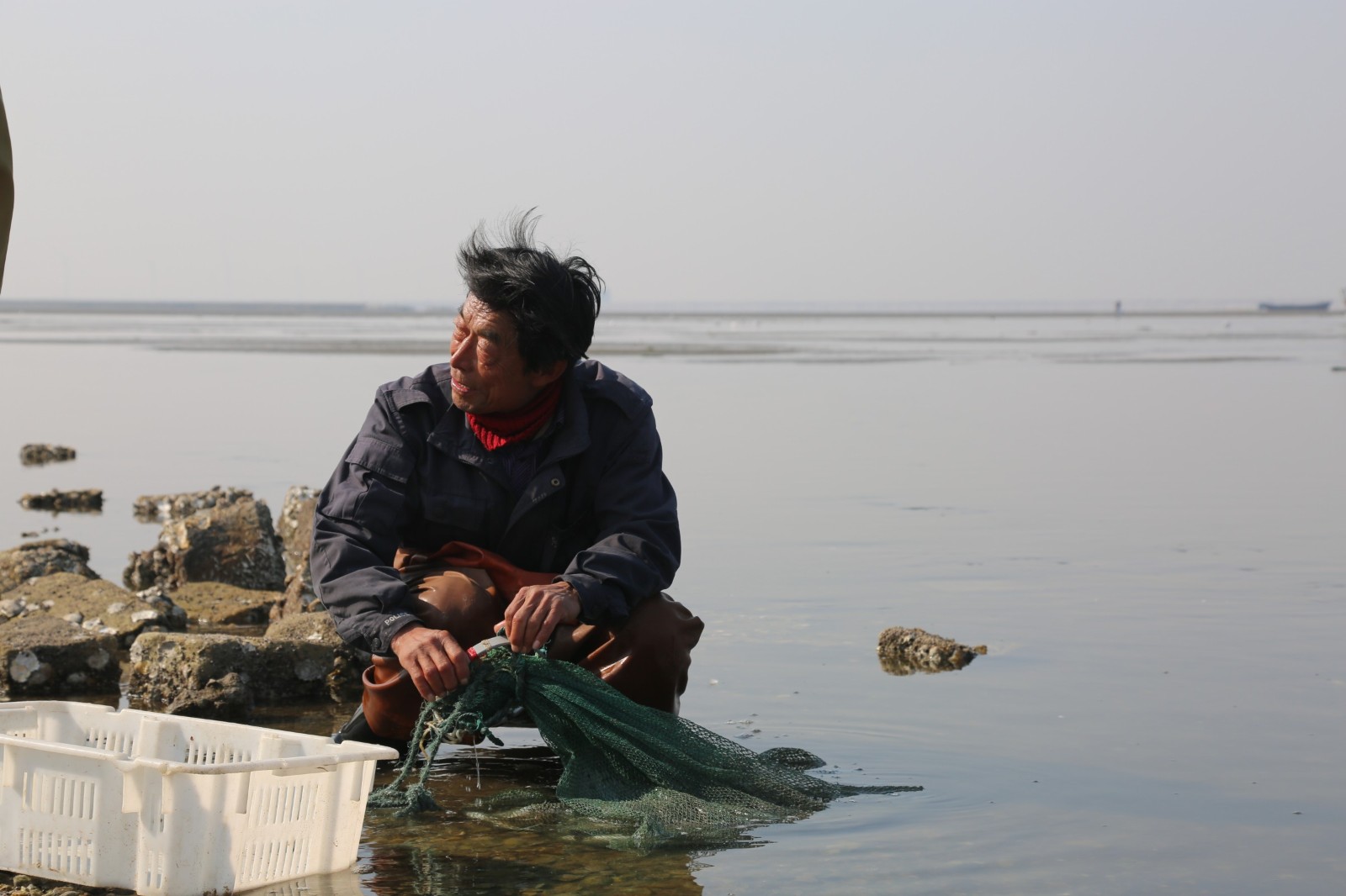 老汉扛百斤渔网凌晨赶海10小时 日收入上百元