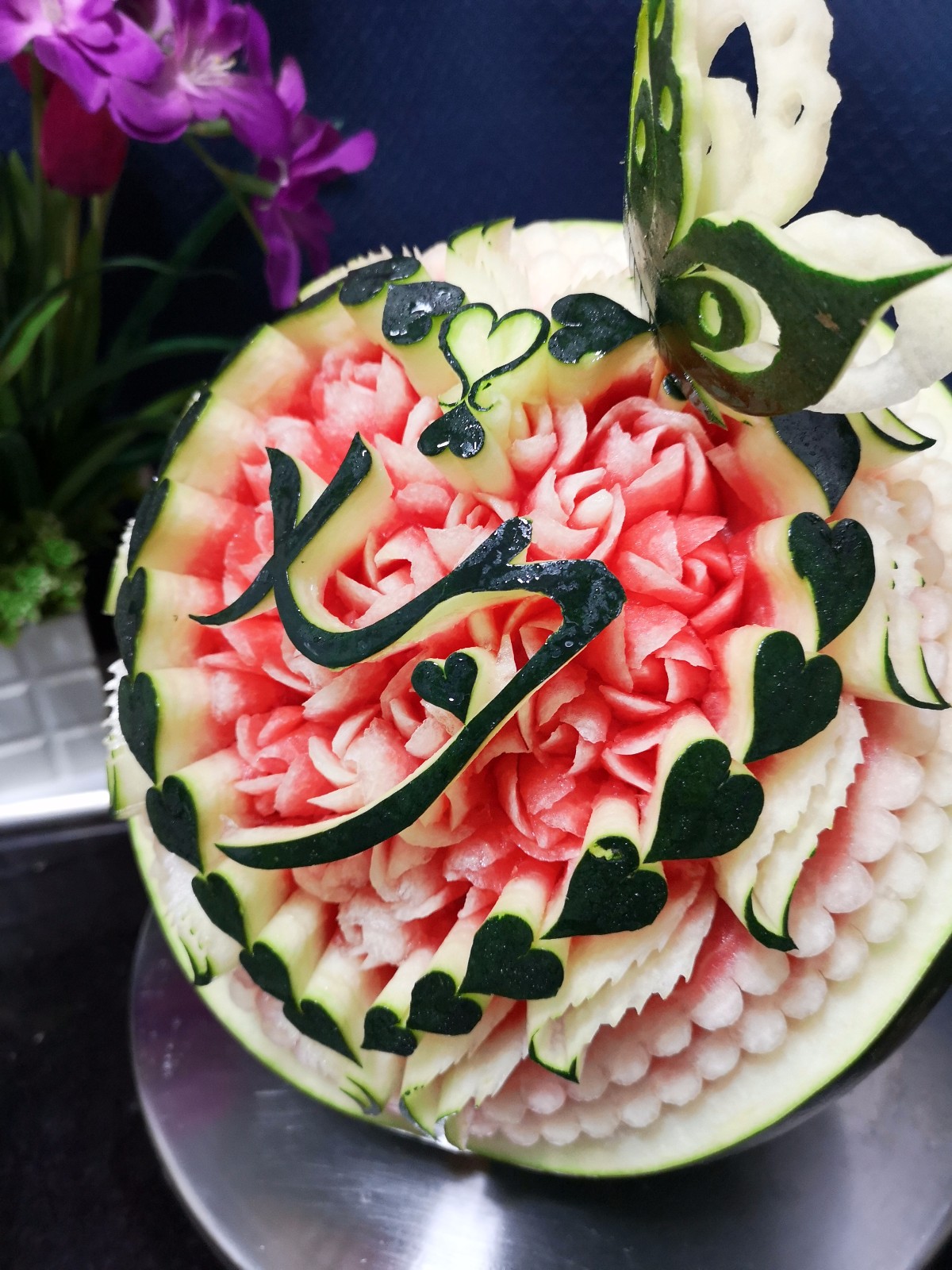 七夕情人节西瓜雕刻,三毛水果艺术原创出品