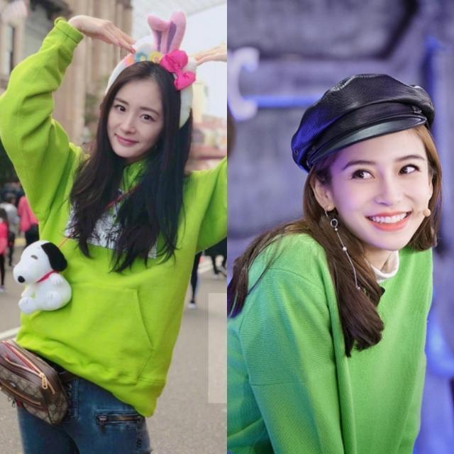 杨幂与baby同穿绿上衣,同是辣妈却都清纯似少女,好难选