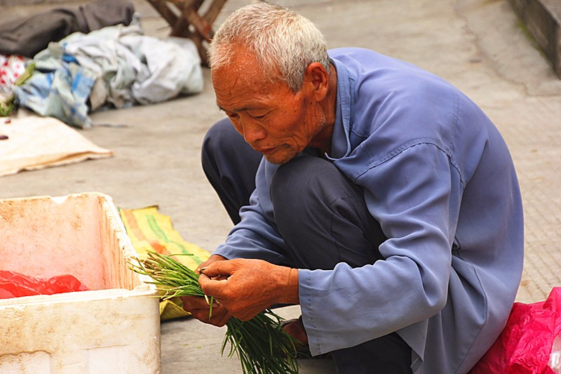 市人民医院旁边的小巷子里,人们总能看见这个"弓腰驼背"的卖菜老人