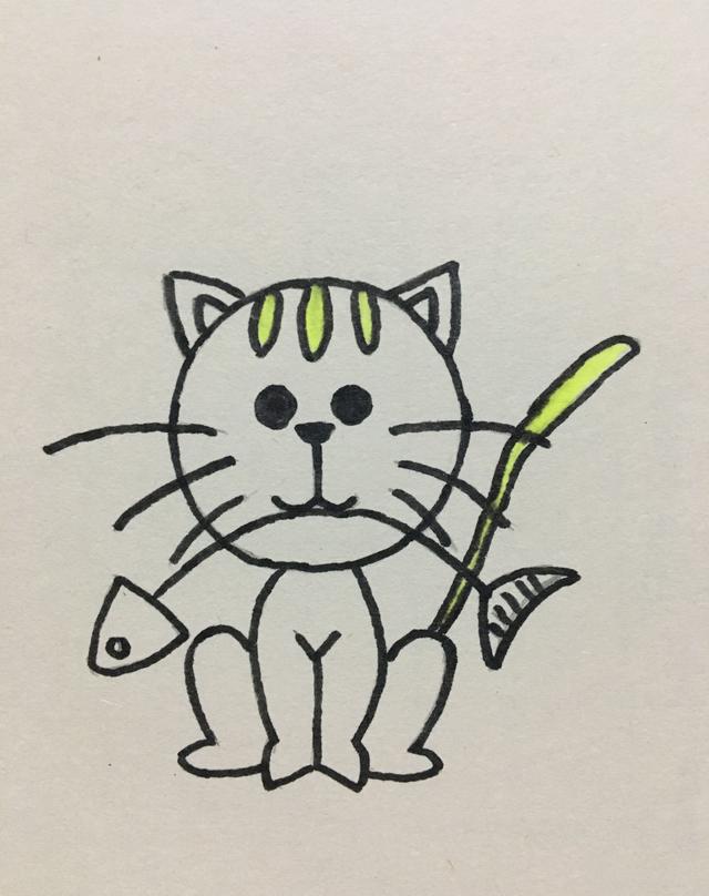 简笔画嘴里叼着鱼的小猫咪