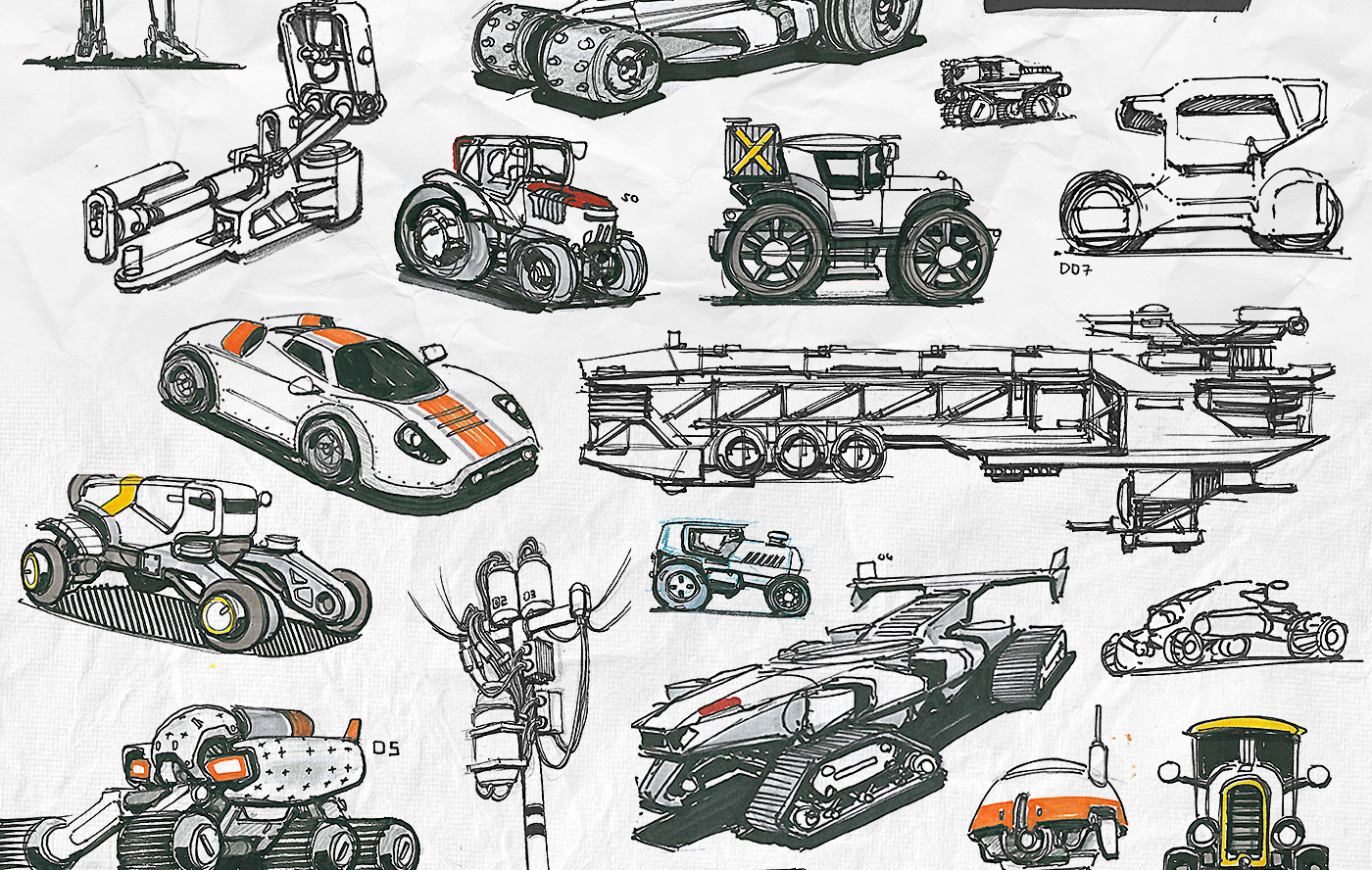 一大堆科幻机械类设计手稿