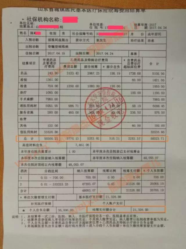 居民基本医疗保险统筹费用结算单 住院费用共计:58323.