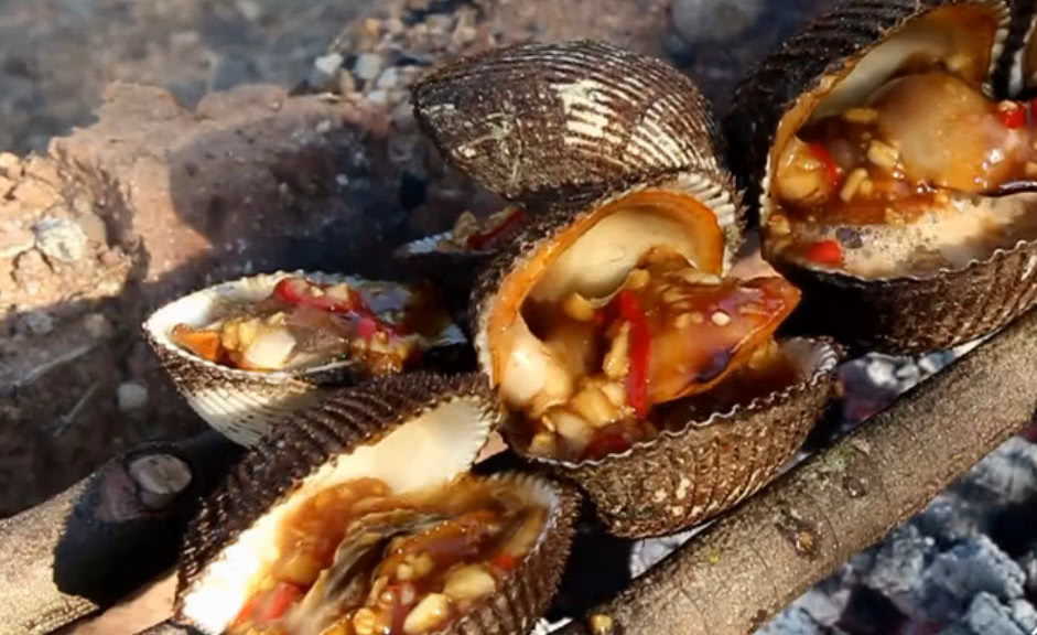 小伙从海里的捕捞到新鲜花蚶,一个足足有拳头大,烤到滋滋响真香