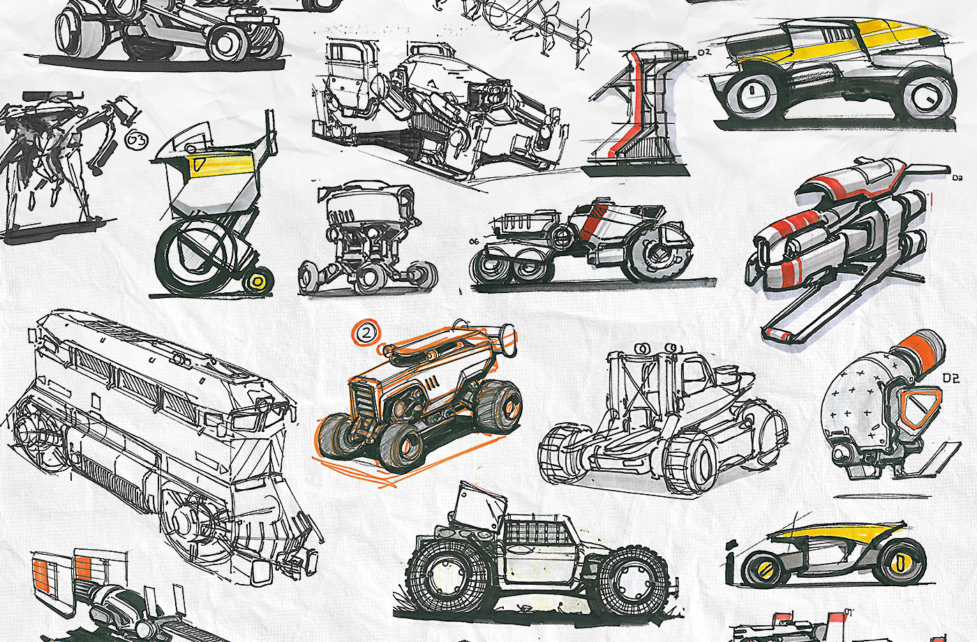 一大堆科幻机械类设计手稿