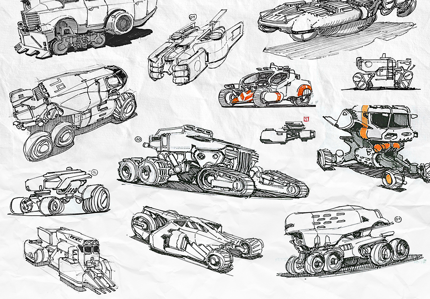 一大堆科幻机械类设计手稿