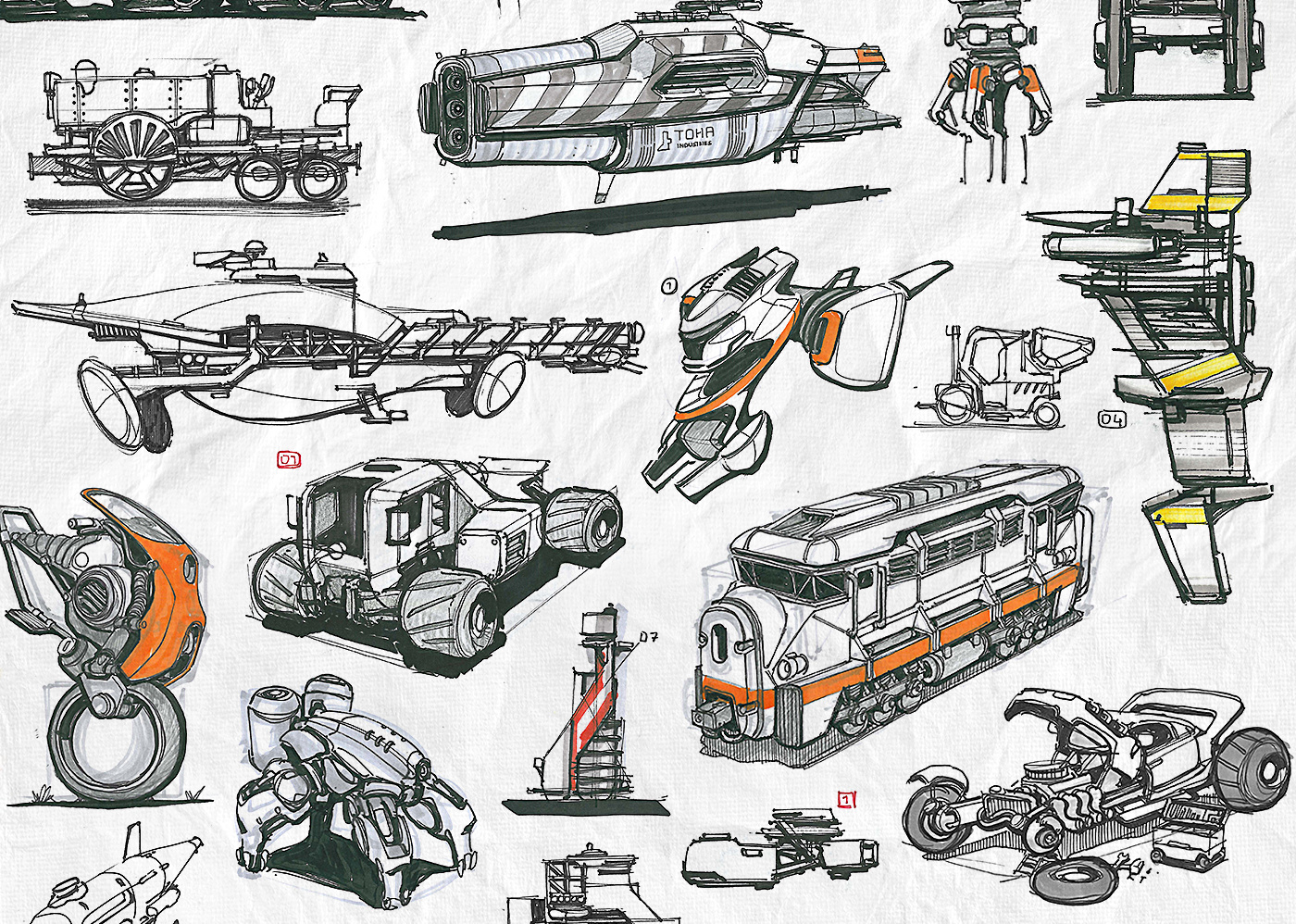 一大堆科幻机械类设计手稿