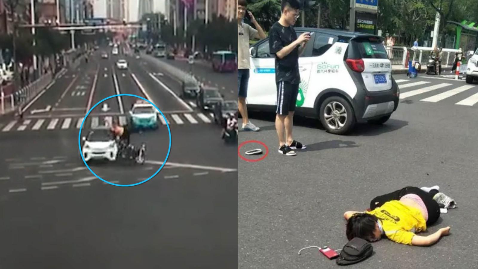 外卖小哥骑车闯红灯 被共享汽车撞飞倒地