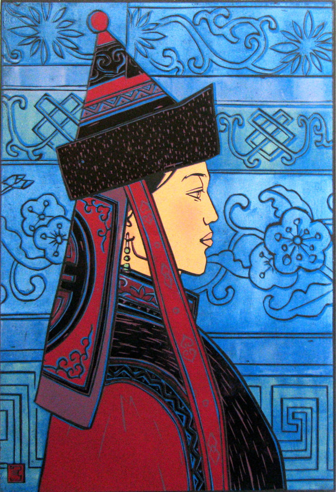 蒙古族少女们戴什么?佟金峰版画作品