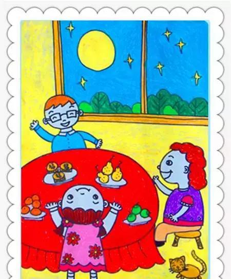 创意儿童主题画八月十五过中秋画出家人团聚吃月饼赏月亮