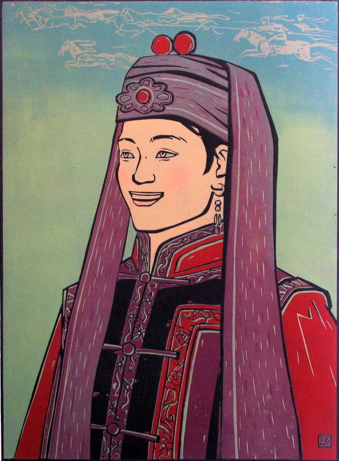 蒙古族少女们戴什么?佟金峰版画作品