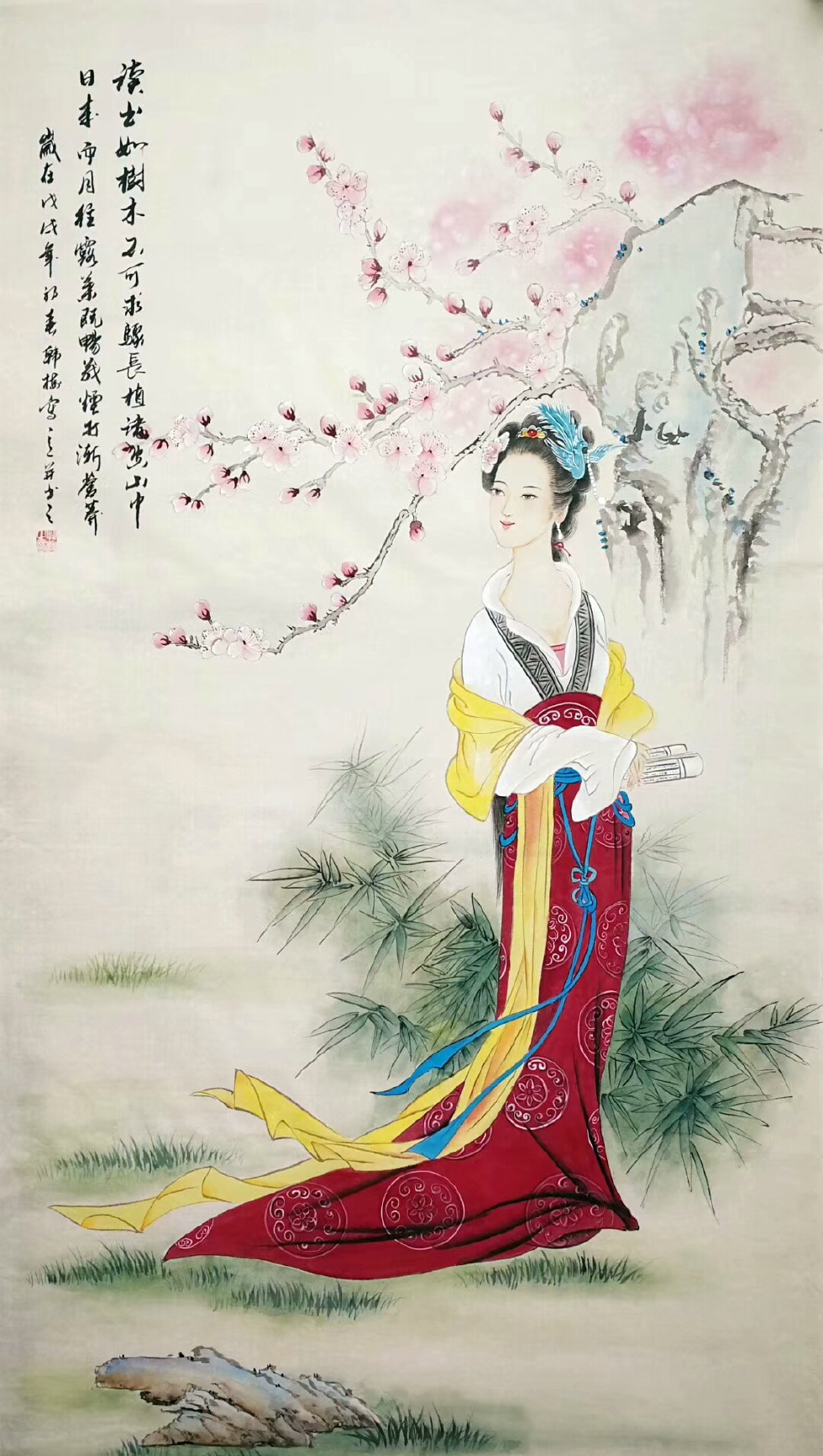 画家韩梅老师四尺整手绘国画古代人物画,美人图,老师合影欣赏