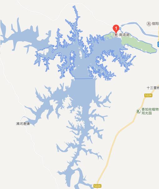 南湾湖水域面积约75公里,是西湖的12倍,此地图上看湖的形状,像一片