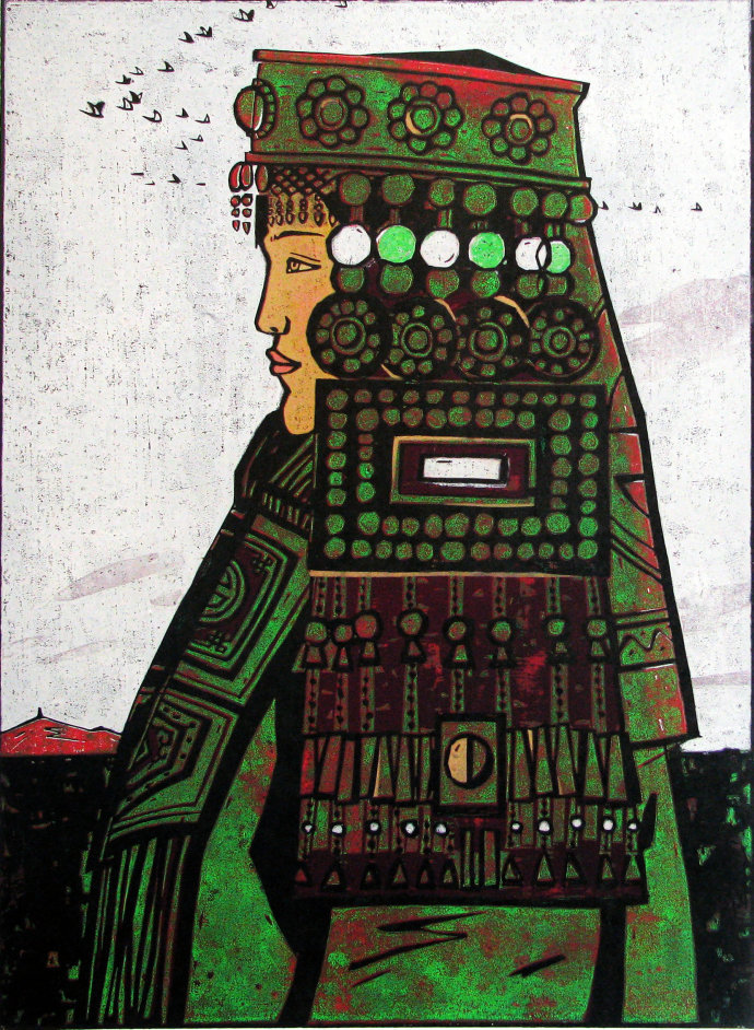 蒙古族少女们戴什么?佟金峰版画作品