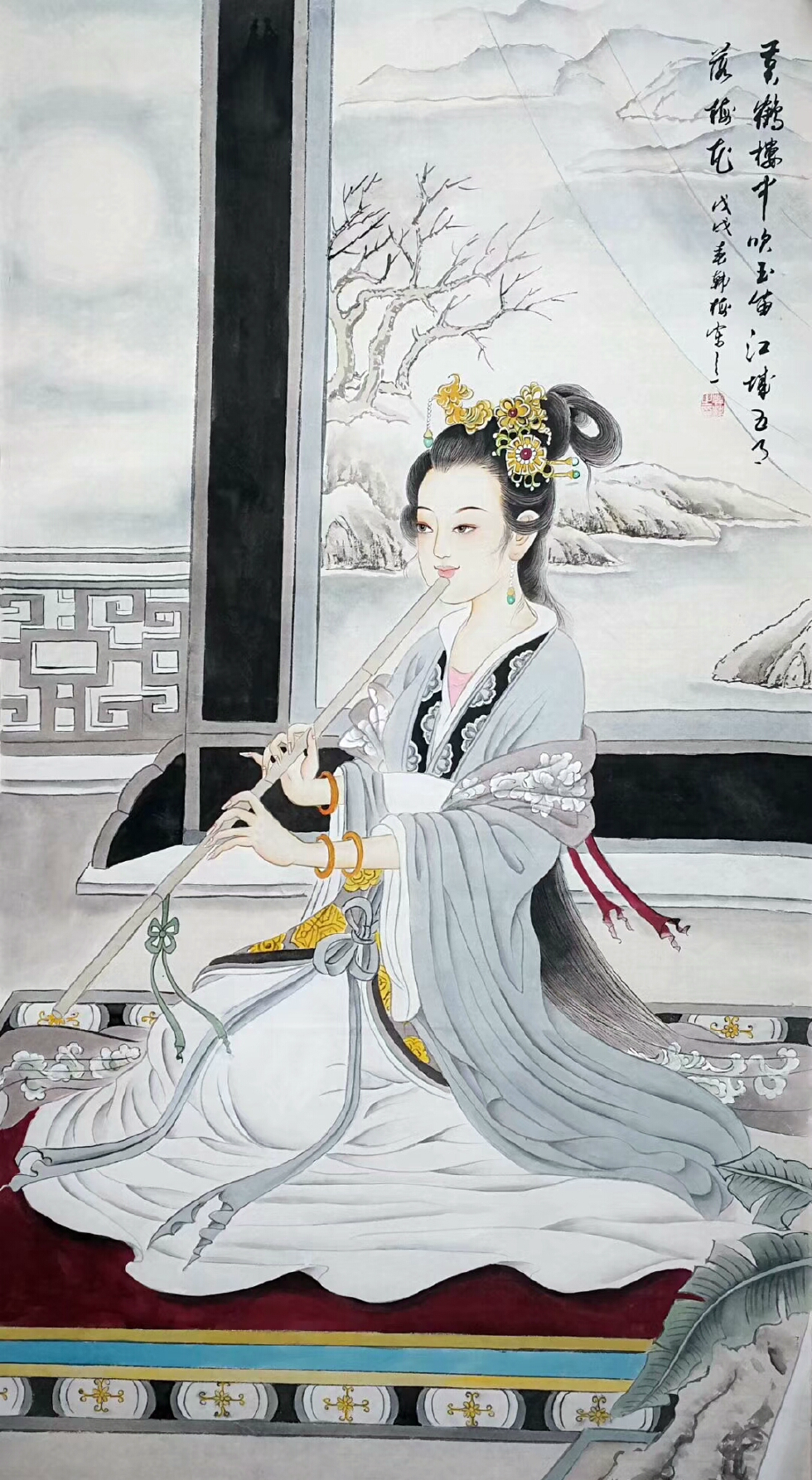 画家韩梅老师四尺整手绘国画古代人物画,美人图,老师合影欣赏