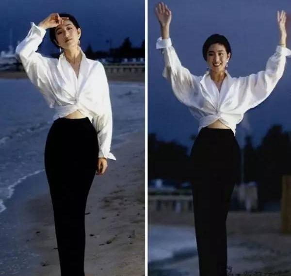苗苗海边黑裤白衣照曝光,撞衫巩俐,网友:都没张国荣漂亮