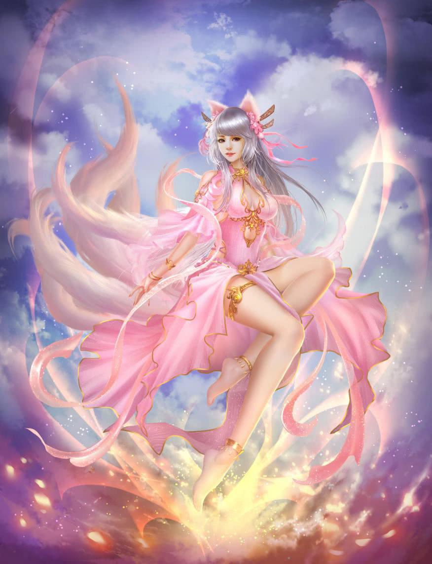 玄幻的九尾狐小白,银发金饰粉色系服装,还有一双超美的长腿.