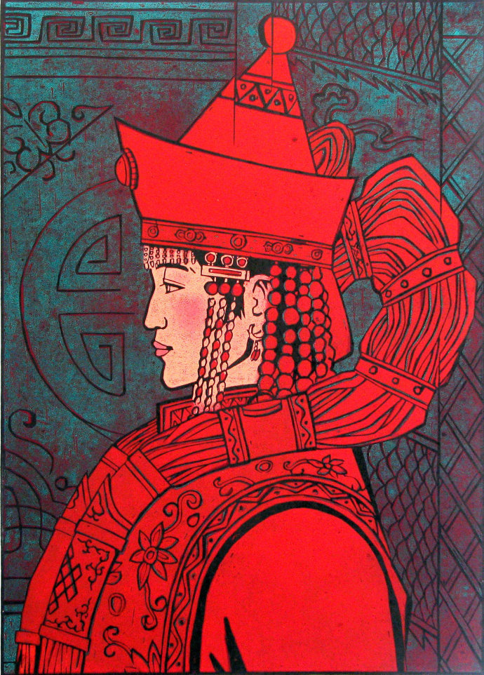 蒙古族少女们戴什么?佟金峰版画作品