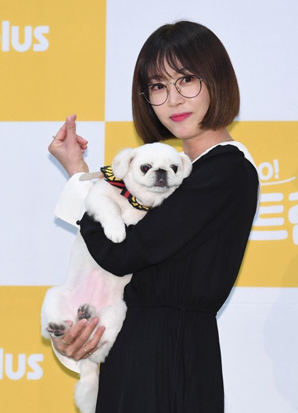 姜艺媛黑色连衣裙怀抱伴侣狗,短发造型戴眼镜好似邻家姐姐