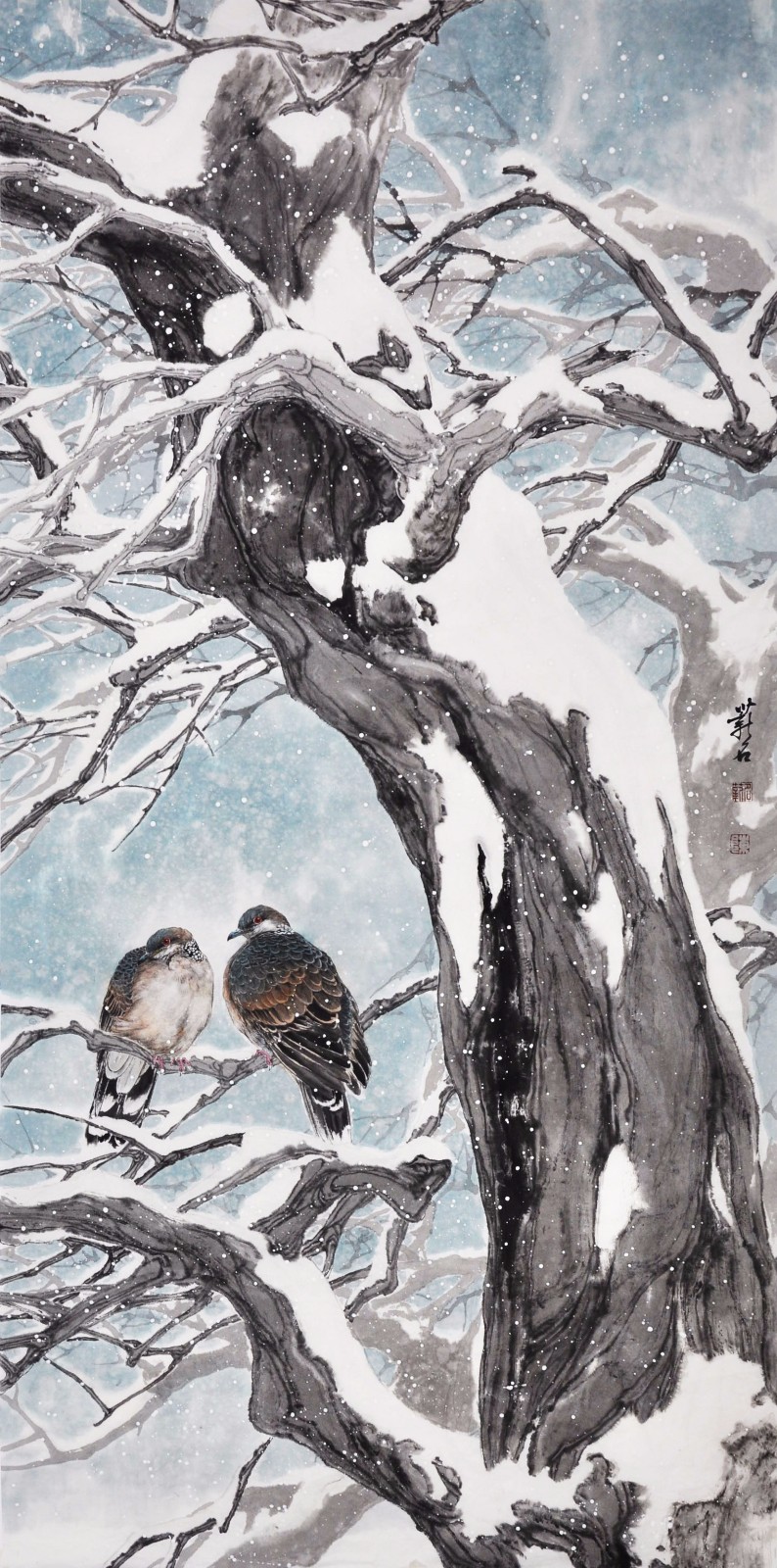 陈薪名先生冰雪花鸟作品赏析