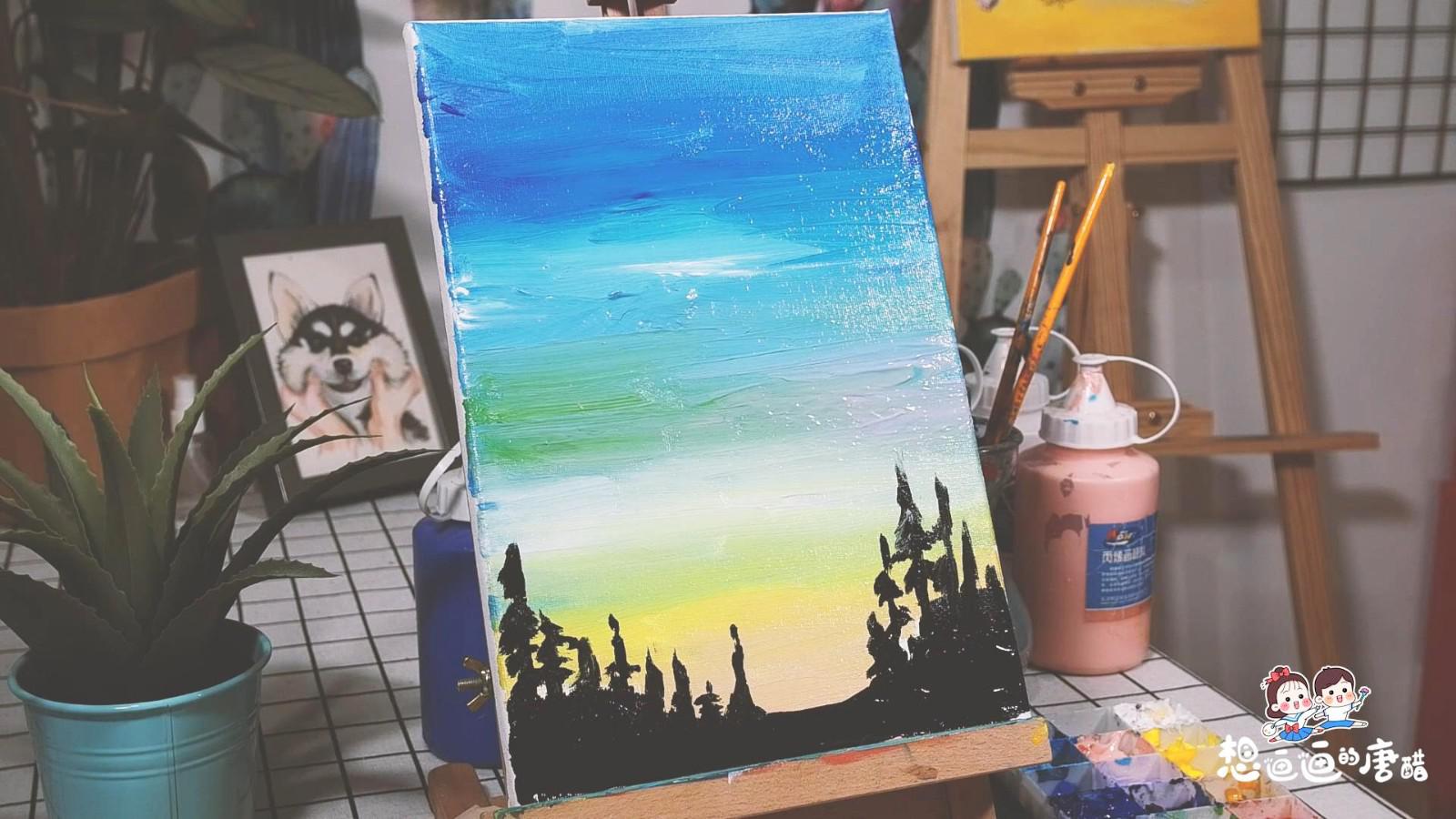 一笔画完:教你短时间画出唯美天空油画,高级渐变色超好看!