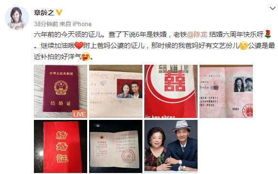 陈龙章龄之结婚六周年晒照 纪念铁婚,秀家族结婚证尽显恩爱