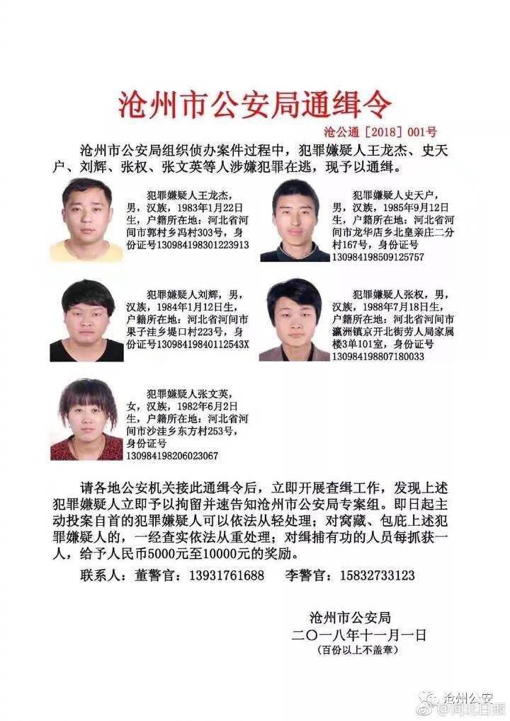 河北1市公安局通缉令!见到这5人请立即报警