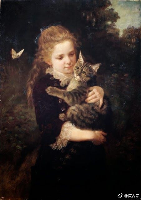 油画中的萝莉与猫 像是天生一对