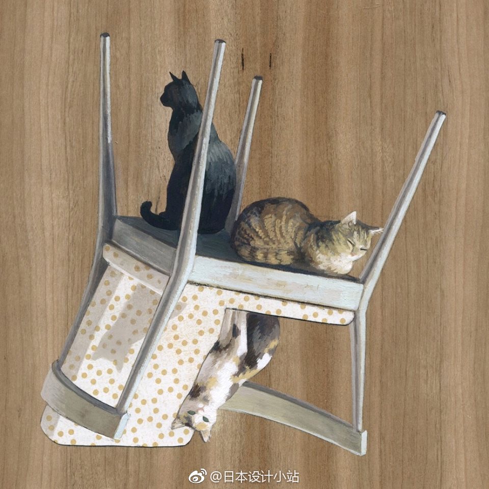 西班牙艺术家cinta vidal绘制的颠倒世界中的猫咪
