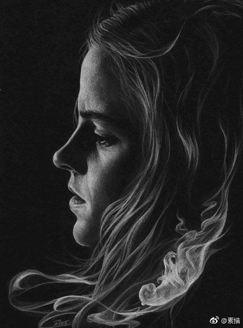 黑纸上的白色铅笔画,照片般逼真的铅笔素描.