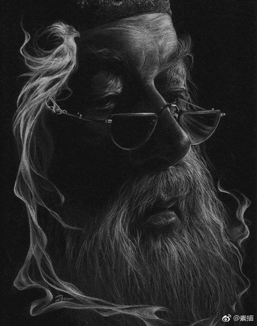 黑纸上的白色铅笔画,照片般逼真的铅笔素描.