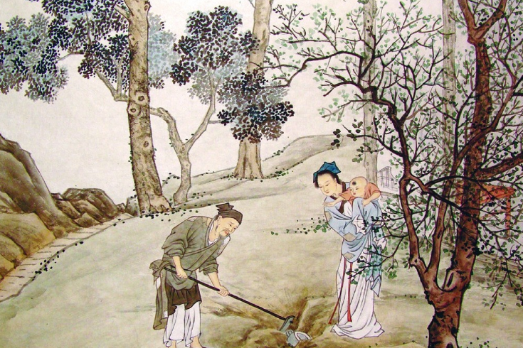 郭巨的老母亲疼爱小孙子,总是从自己的那份饭分出来一些给小孩子吃.