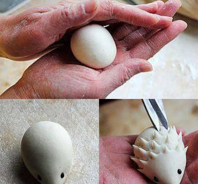 刺猬造型: 1,将面团搓成鸡蛋的形状 2,用豆子做眼睛 3,用剪刀剪出刺来