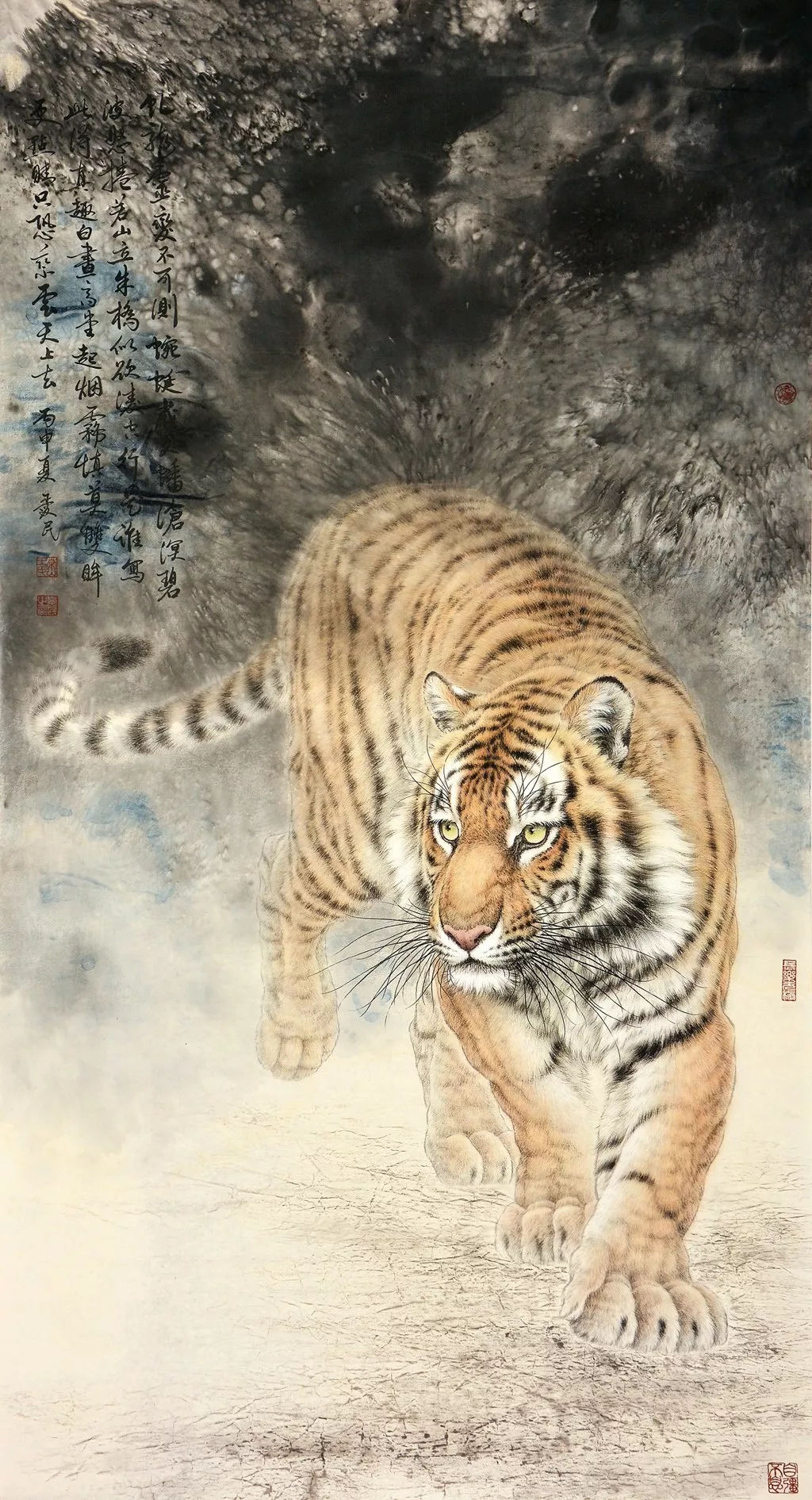 他笔下的工笔猛虎生动凌厉气韵不凡