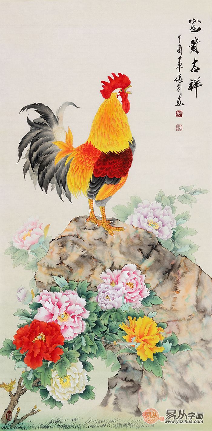 张利四尺竖副公鸡牡丹图《富贵吉祥》(作品来源:易从网)牡丹在国画中