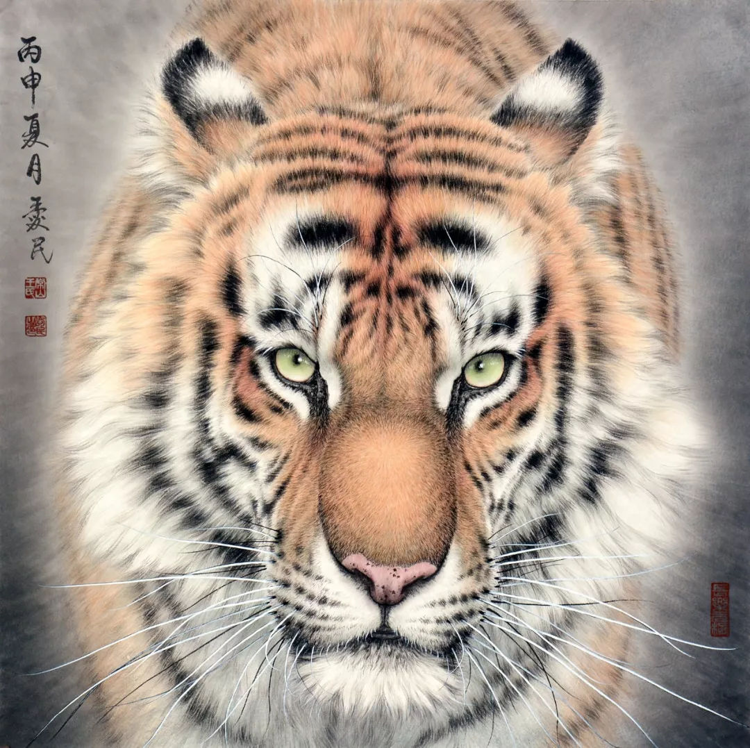 他笔下的工笔猛虎生动凌厉气韵不凡