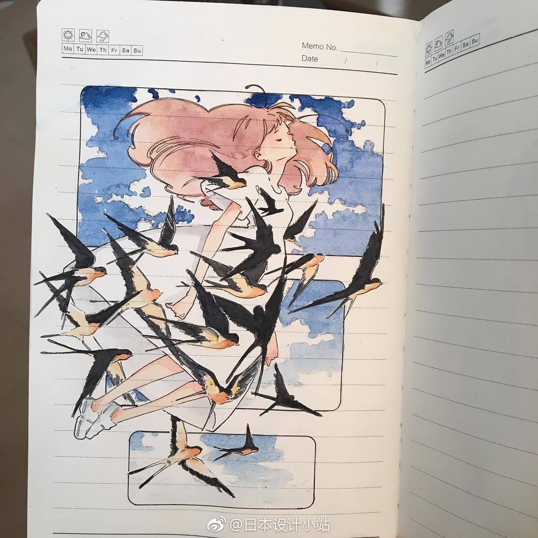 日本插画师ike在普普通通的笔记本上画出的超治愈的水彩插画