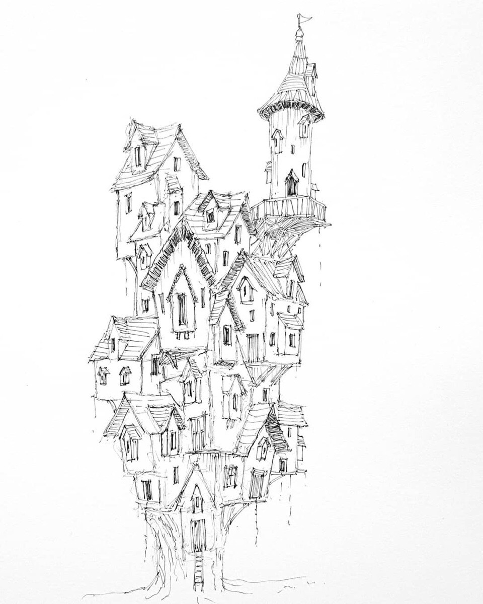 城堡绘画黑白图片