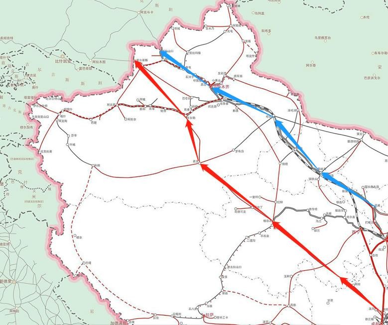 成库铁路(红色箭头)