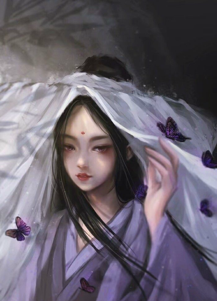二次元古风绝色美人,长长的斗笠飘纱,伴随轻轻风吹,更多一份柔美,又有