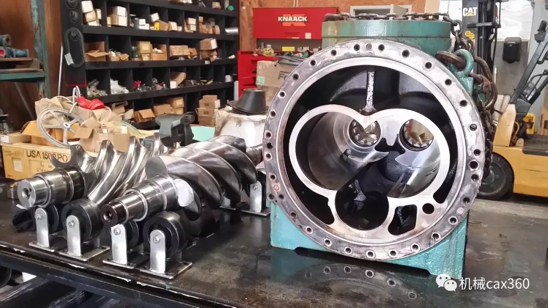 ▼各种双螺杆空压机排气过程:由于转子旋转时基元容积不断缩小,将压缩