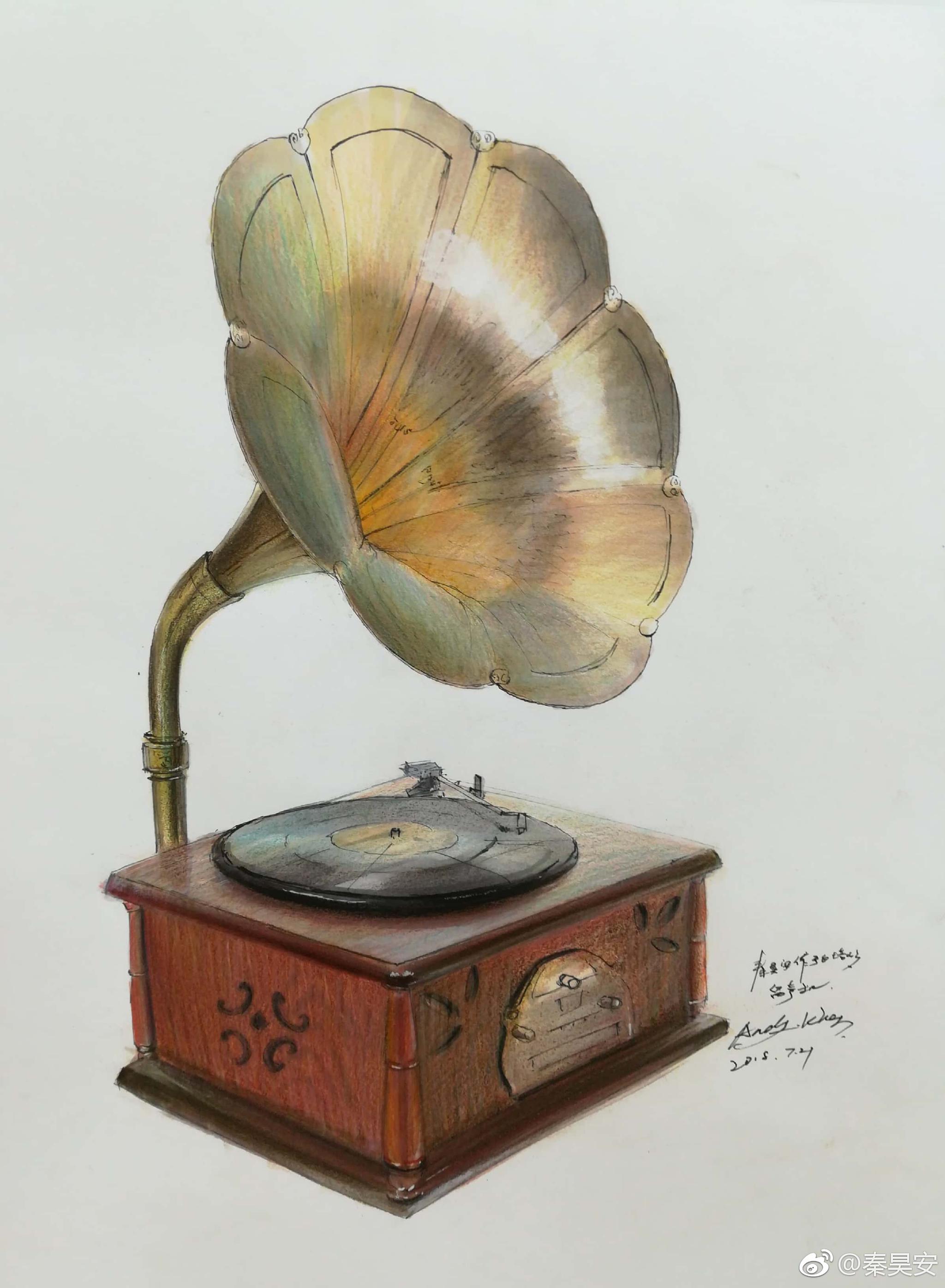 手绘留声机马克笔彩铅针管笔67投稿秦昊安