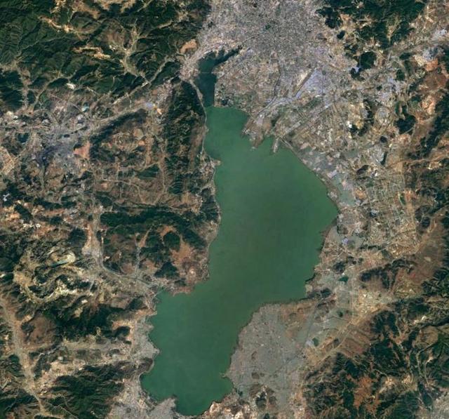 卫星图下云南滇池的绿与抚仙湖的蓝形成鲜明对比