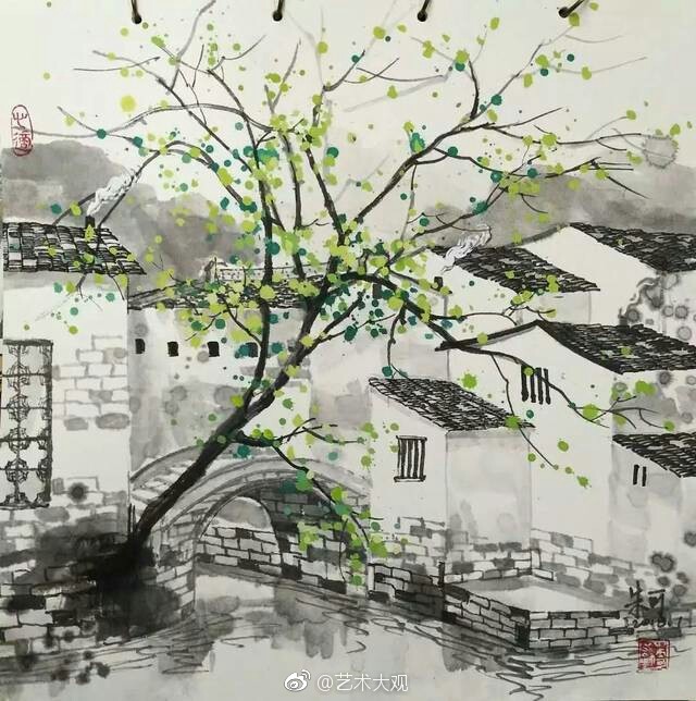 朱可乡村风情彩墨画朱可1978年出生潮汕水彩画院画师